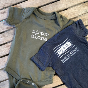 olive and navy blue baby boy onesie with white lettering that says mister aloha
