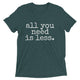 unisex gender neutral t-shirt with white font that says all you need is less