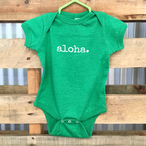 kelly green gender neutral baby Ivy & Co. onesie with white writing that says aloha