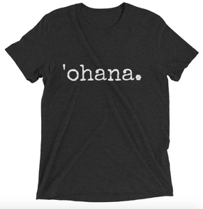 black tshirt that says 'ohana on it in white font