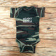 camouflage baby boy Ivy & Co. onesie with white lettering that says mister aloha