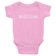 pink baby girl Ivy & Co. onesie with white writing that says muliloa or youngest child