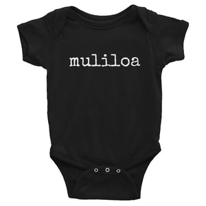 black baby Ivy & Co. onesie with white writing that says muliloa or youngest child