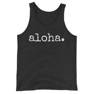 unisex gender neutral tank top with white font that says aloha