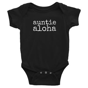 black baby girl Ivy & Co. onesie with white writing that says auntie aloha